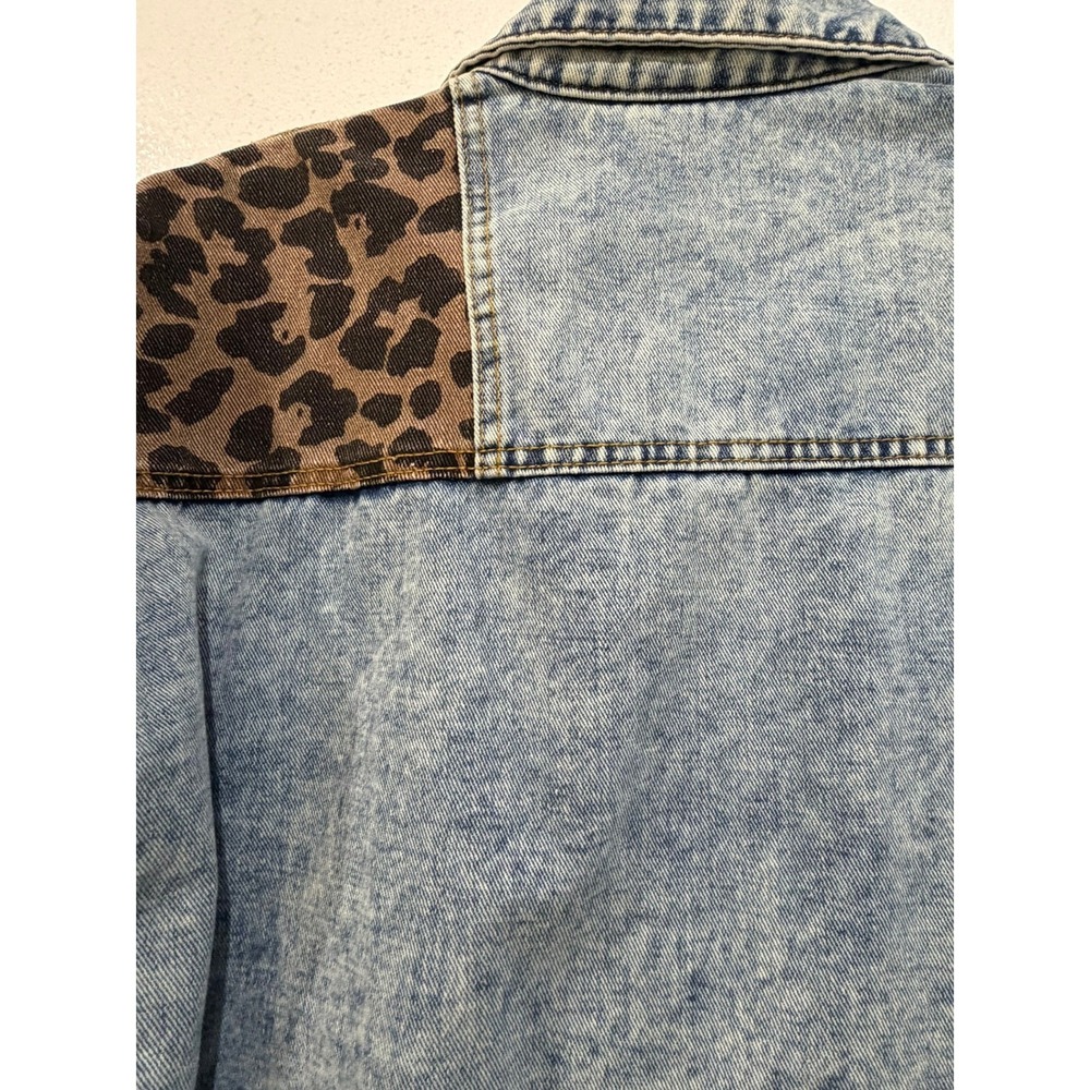 Acid Wash Leopard Print Distressed Oversized Denim Jacket Blue Brown Womens S - Picture 8 of 9